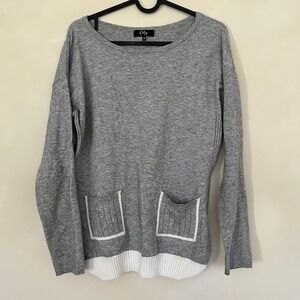 Orly Grey Knit Sweater Heart Button Back Long Sleeve Layered Hem